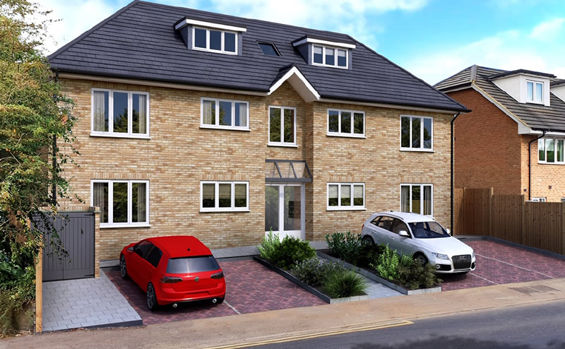 angled shot of nice houses and white car on driveway