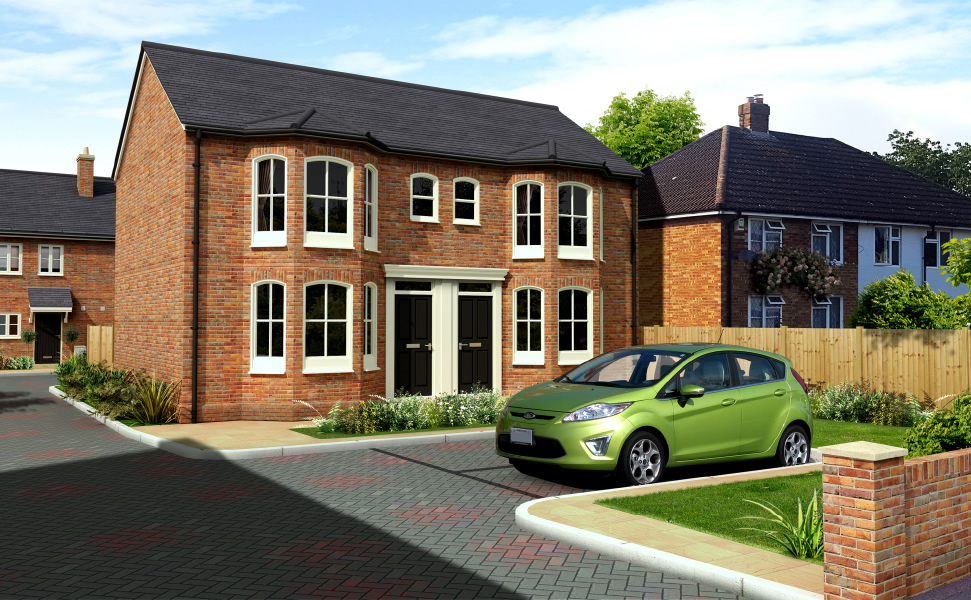 green car on driveway in front of a nice house