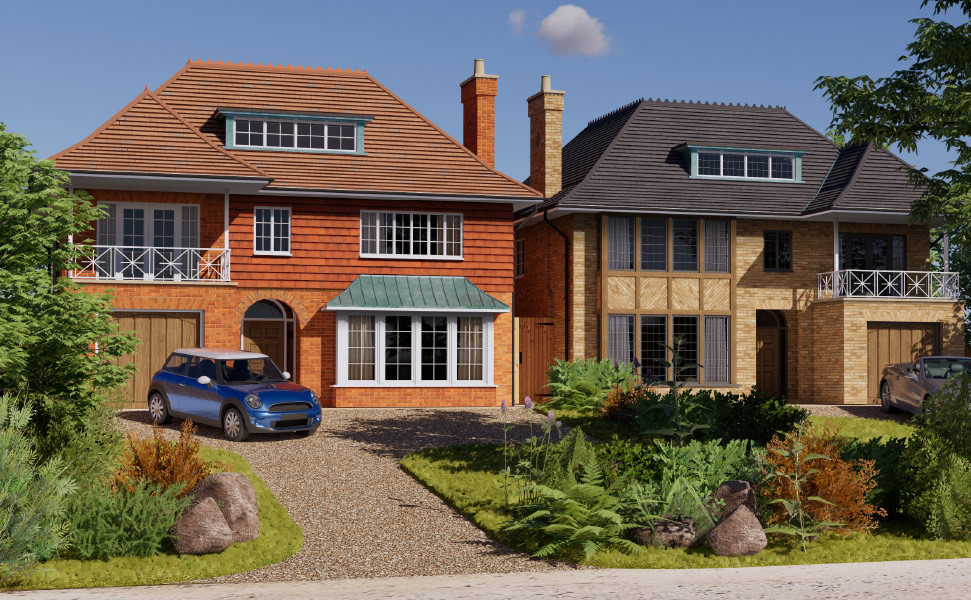 angled shot of nice houses and white car on driveway